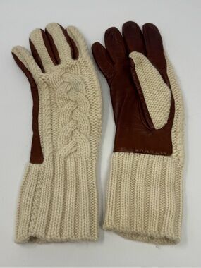 VTG 90s/Y2K Grandoe 100% Cashmere Knit Back Leather Palms Gloves Brown Cream S/M